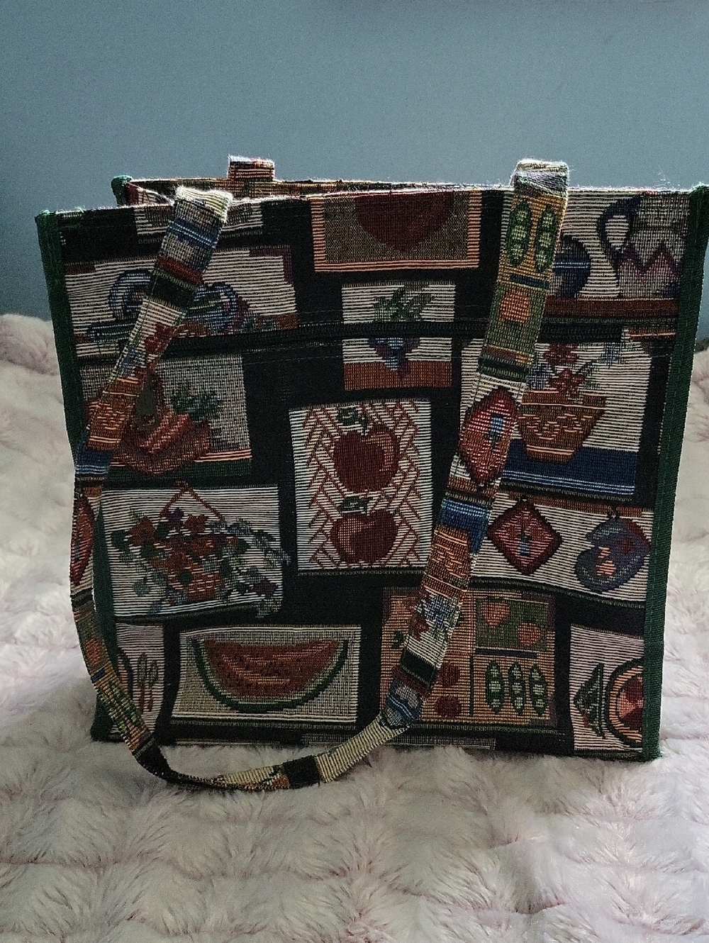 Vintage JADE Tapestry Fruit Floral Print Tote Bag Cottagecore Market Purse